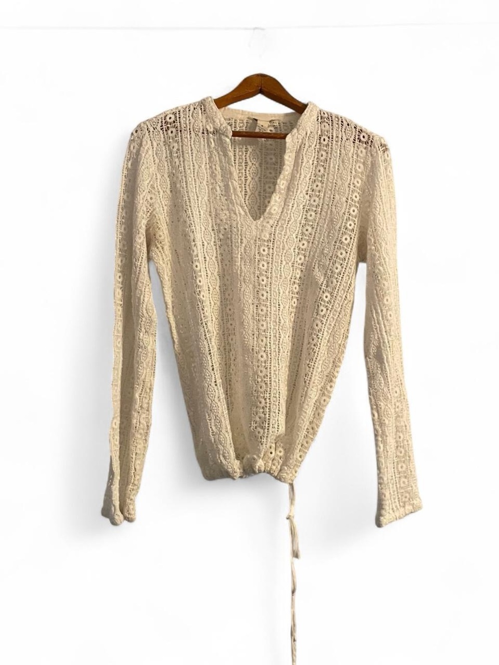 Lucky Brand Women's M 100% Cotton Open Crocheted Lace Coverup Long Sleeve Top